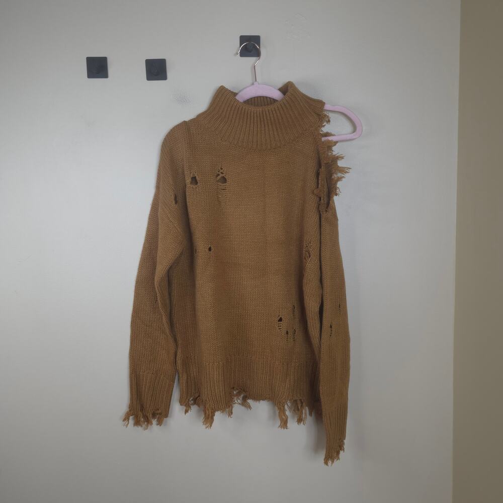 Kut from the Kloth Viola Destructed Turtleneck Sweater in Camel Size L